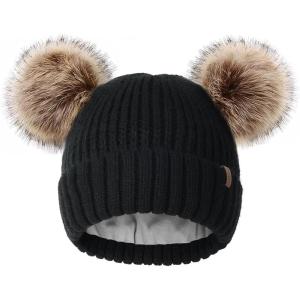 imageFURTALK Fleece Lined Cute Winter Beanie Hats for Women Girls Warm Knit Hats with Double Faux Fur Pom PomsBalck