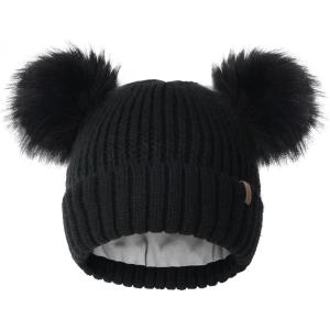 imageFURTALK Fleece Lined Cute Winter Beanie Hats for Women Girls Warm Knit Hats with Double Faux Fur Pom PomsBalck With Black Pom